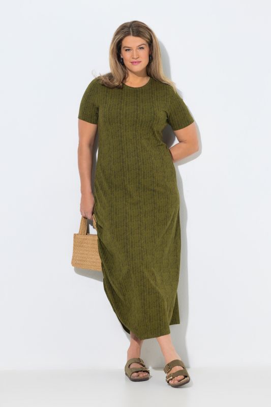 Robe longue, chevron, col rond, manches courtes, coton bio