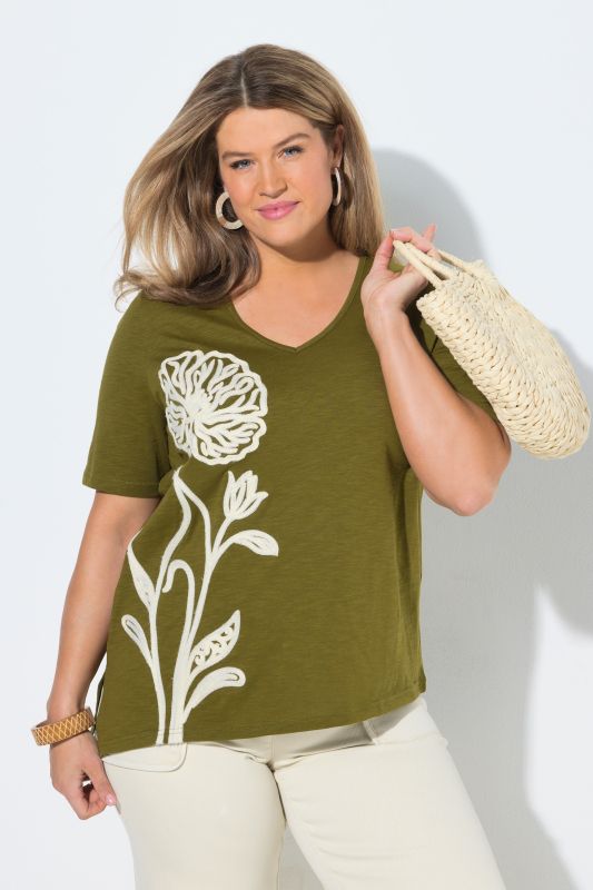 T-shirt long, broderie, manches courtes, coton bio