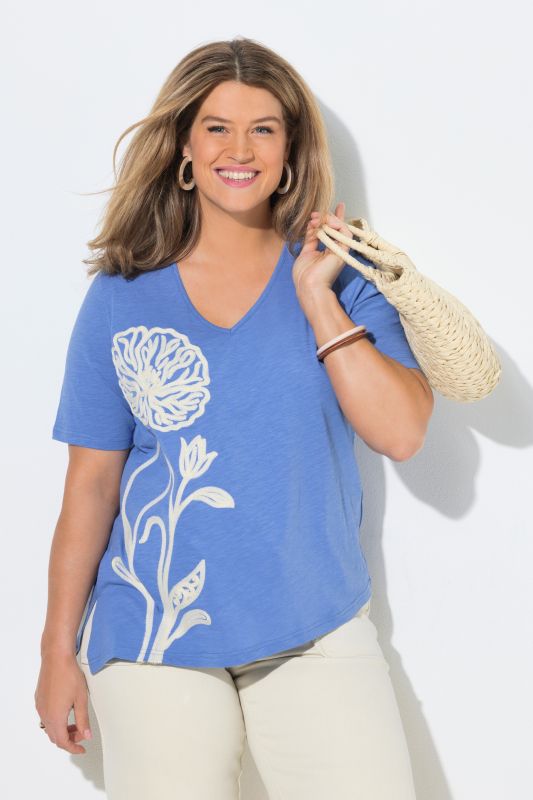 T-shirt long, broderie, manches courtes, coton bio