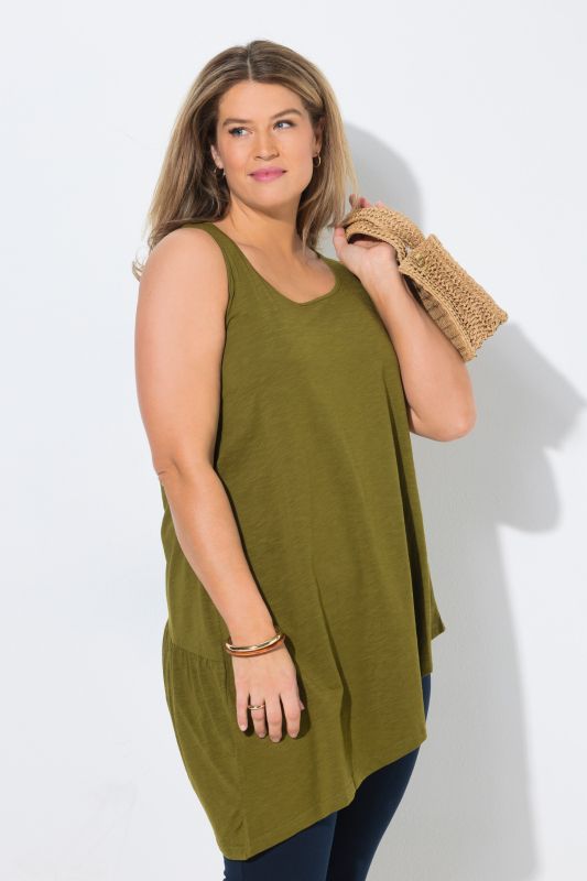 Top long, volant, coupe A, col rond, sans manches, coton bio
