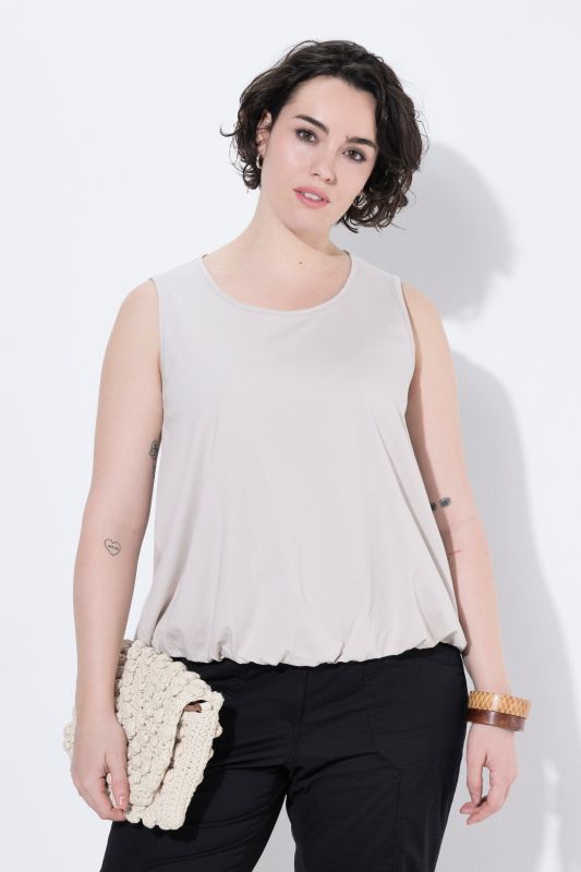 Top, ourlet ballon, coupe classique, col rond, sans manches