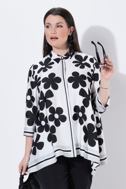 Blouse en satin, fleurs, oversize, col chemise, manches 3/4