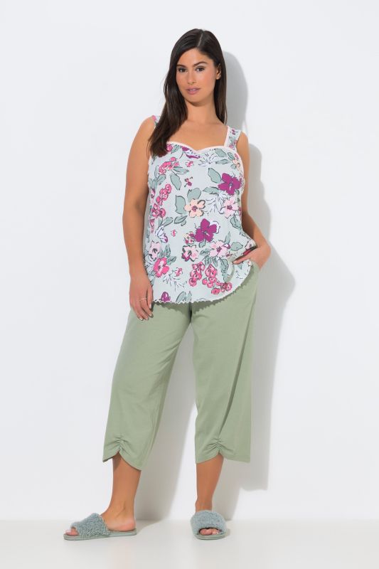 Pyjama, fleurs, décolleté plissé, sans manches, pantalon 3/4