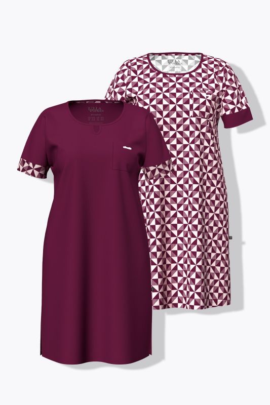 Lot de 2 chemises de nuit / T-shirts longs, motif à carreaux, décolleté rond et manches courtes