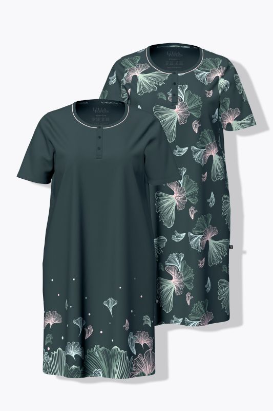 Lot de 2 chemises de nuit / T-shirts longs, motif feuilles de ginkgo, décolleté rond et manches courtes