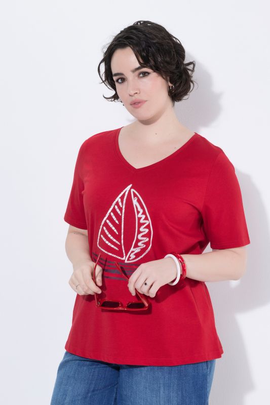 T-shirt, col V, manches courtes, motif bateau