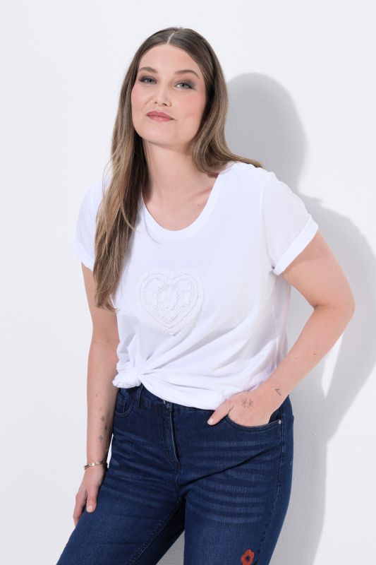 T-shirt, col rond, manches courtes, motif de cœur
