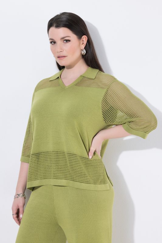 T-shirt en maille ajourée, col V, manches courtes