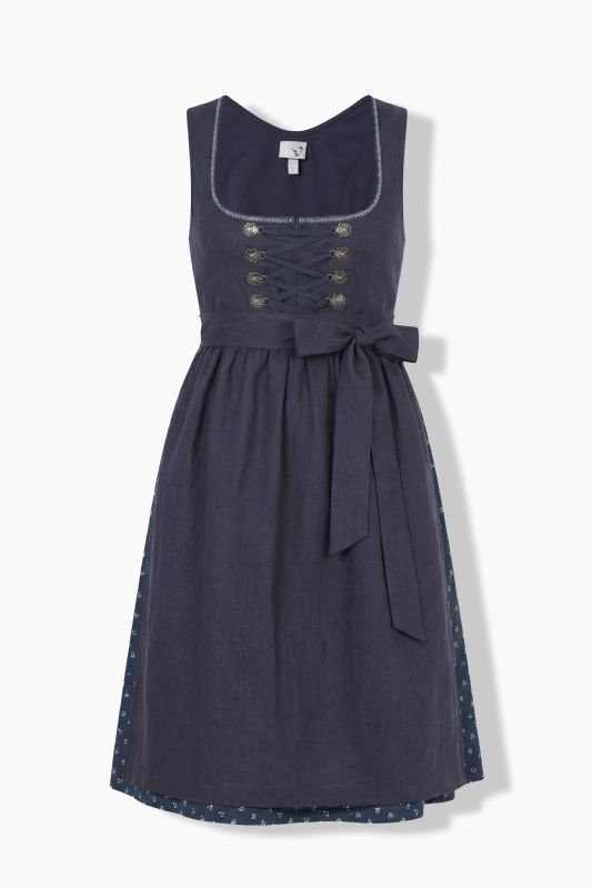 Dirndl en lin mélangé, fleurs, col carré, laçage