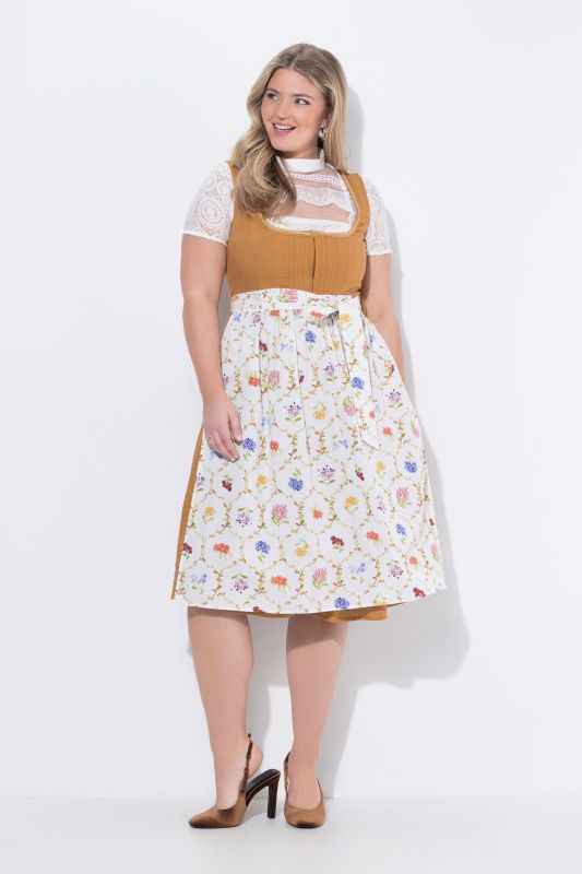 Dirndl en lin mélangé, pinces, fleurs, col carré
