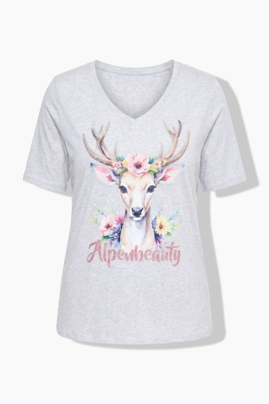 T-shirt à coupe classique, col V, manches courtes, motif de cerf