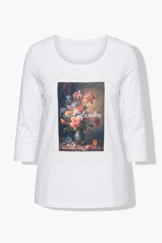 T-shirt brodé, coupe Classic Fit, décolleté carré et manches 3/4
