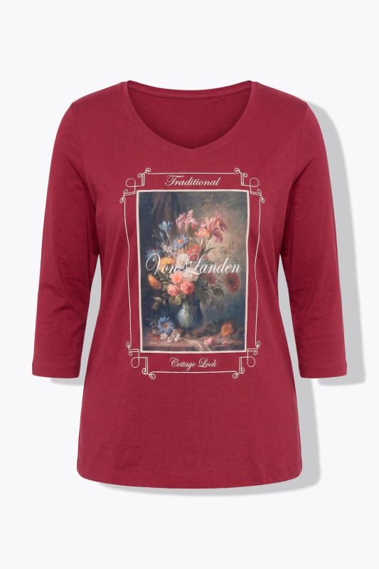 T-shirt brodé, coupe Classic Fit, décolleté carré et manches 3/4