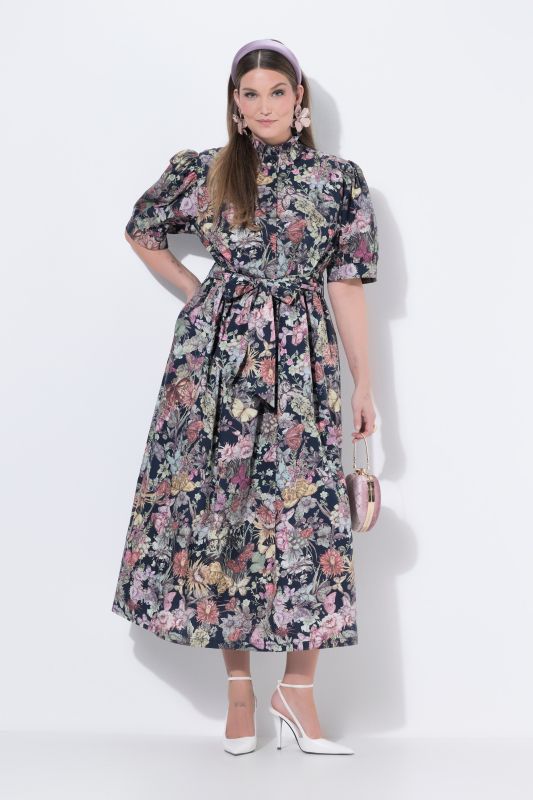 Robe longue à coupe en A, manches courtes, motif