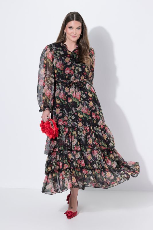 Robe longue à fleurs en mousseline, col roulé, manches longues