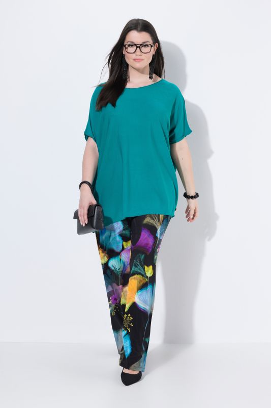 Pantalon slinky, motif ginkgo, plis, taille élastiquée
