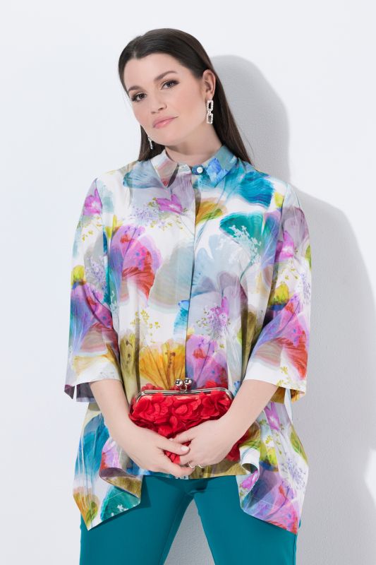 Blouse en lyocell, ourlet en pointe, col de chemise, manches 3/4