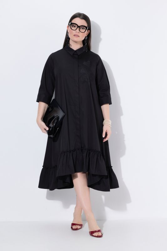 Robe longue, avec ginkgo brodée, col de chemise et manches 3/4