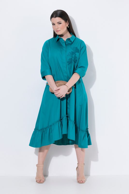 Robe longue, avec ginkgo brodée, col de chemise et manches 3/4