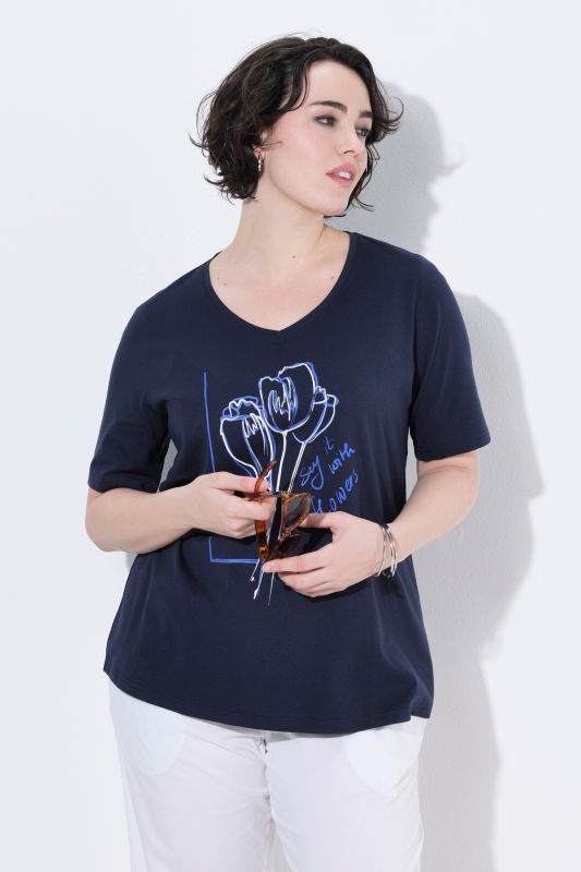 T-shirt, fleurs, col en V, manches courtes
