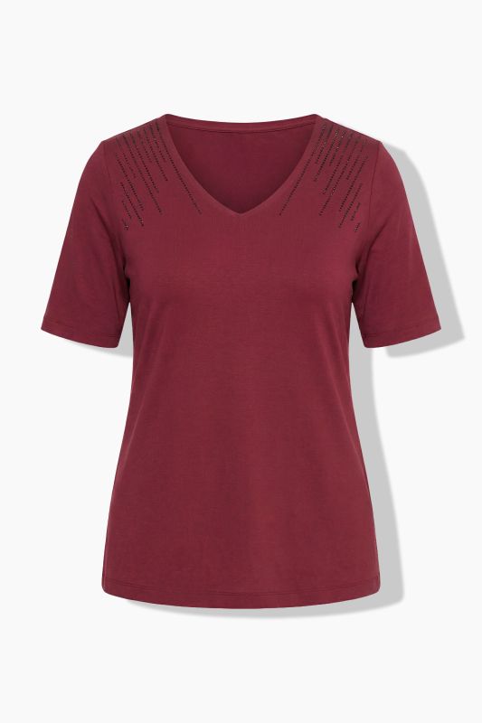 T-shirt avec strass fantaisie, décolleté en V et manches courtes, coupe Classic Fit