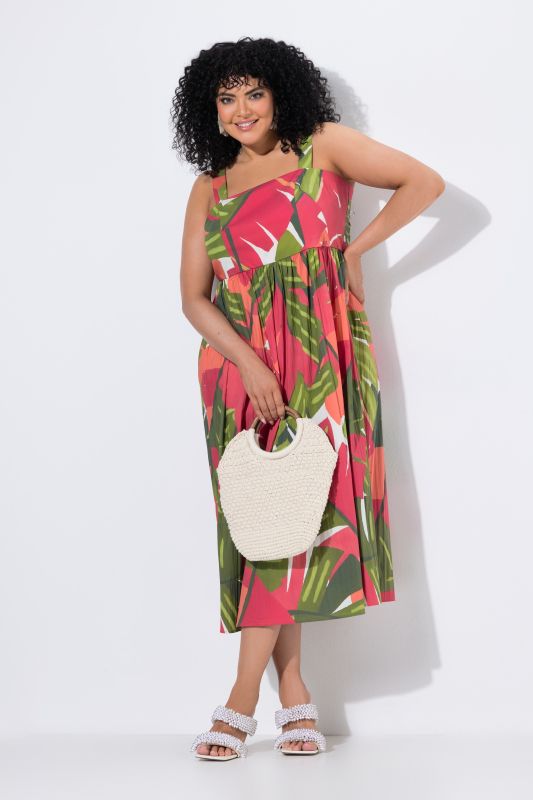 Robe longue, motif palmiers, dos smocké, sans manches