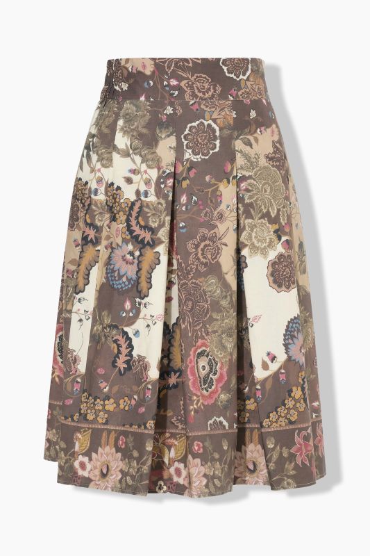 Jupe midi plissée, motif champêtre et taille confortable, coupe évasée