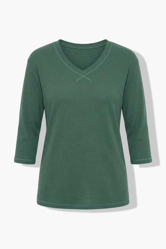 Sweat-shirt en piqué de coton bio, décolleté en V et manches 3/4, coupe évasée