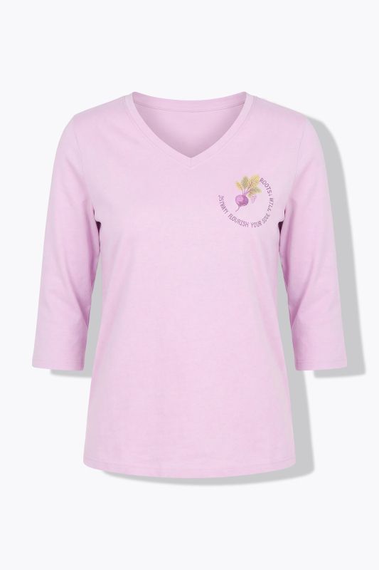 T-shirt en coton bio, motif radis, décolleté en V et manches 3/4