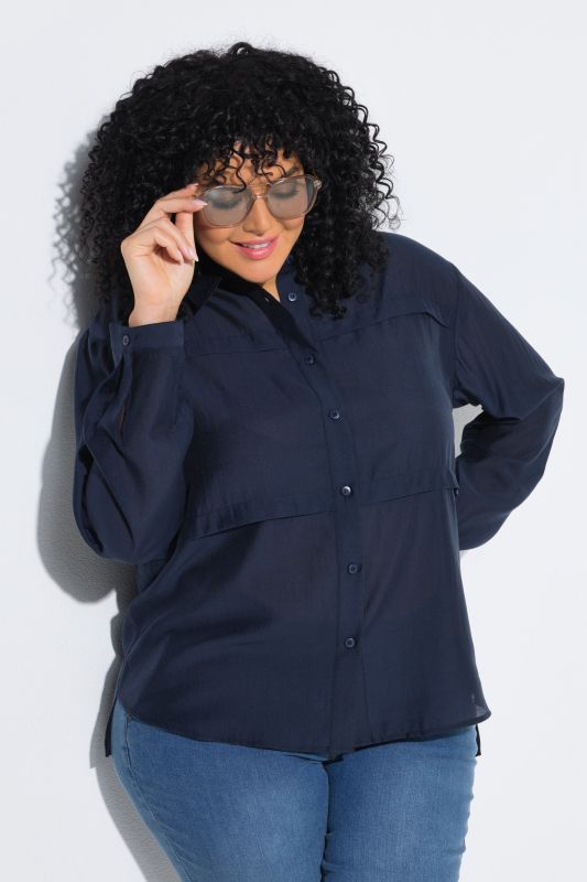 Chemisier oversize, empiècements horizontaux, col chemise et manches longues