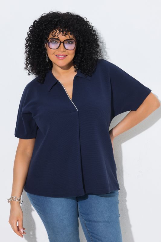 T-shirt oversize, liseré fantaisie, col chemise et manches courtes