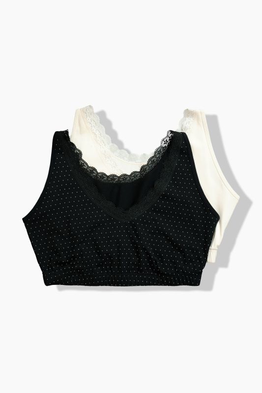 Lot de 2 brassières, pois/uni, dentelle et décolleté en V