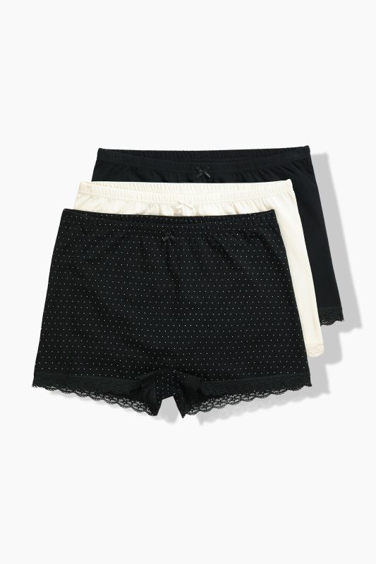 Lot de 3 shorties, pois/uni, tour de cuisse peu échancré