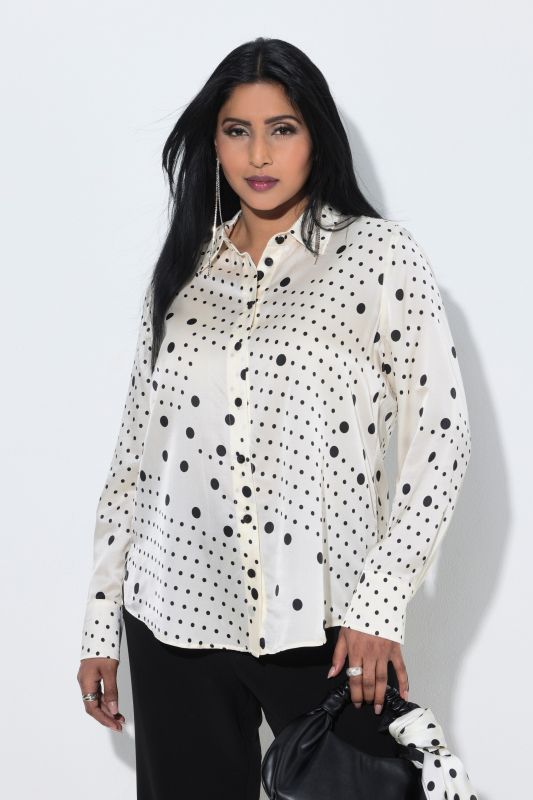 Chemisier en soie mélangée, motif à pois, col chemise et manches longues