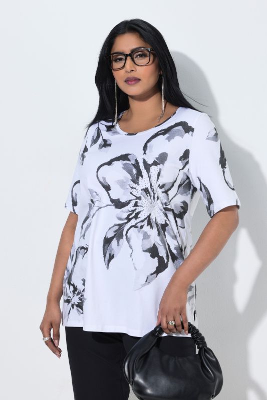 T-shirt en coton Pima, motif floral, décolleté rond et manches courtes, coupe évasée