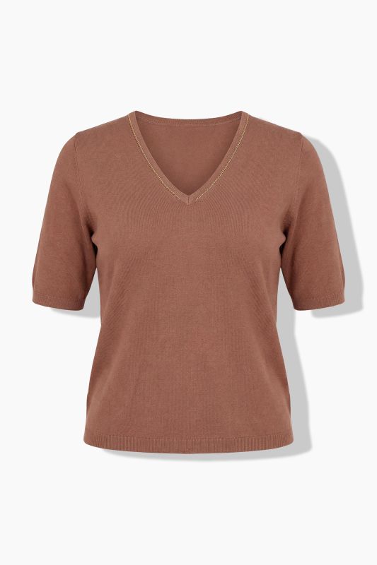 Pull manches courtes, décolleté en V avec liseré scintillant, base élastique