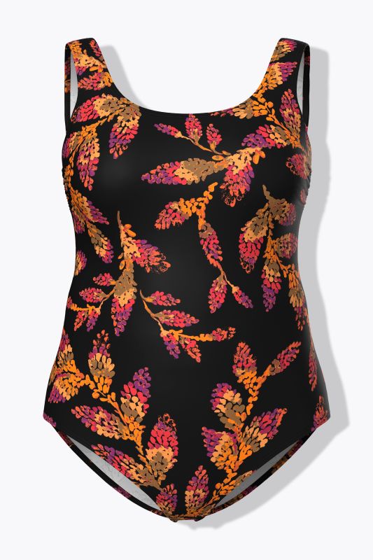 Maillot de bain sans bonnets souples, décolleté rond et motif feuilles