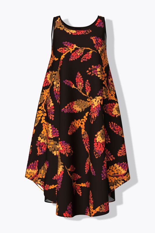Robe midi sans manches, motif feuilles, décolleté rond et coupe évasée