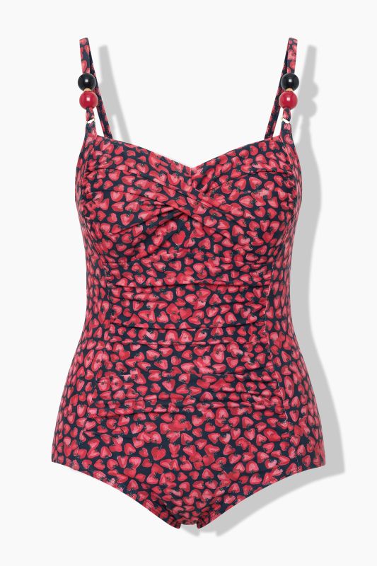 Maillot de bain à bonnets souples, motif fraises et perles, matière recyclée