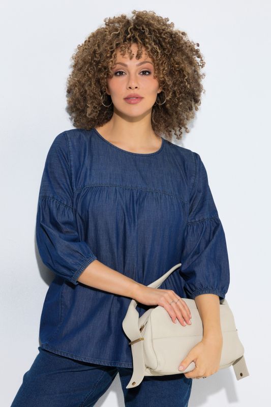Blouse en jean, couture empire, décolleté rond et manches 3/4 ballon