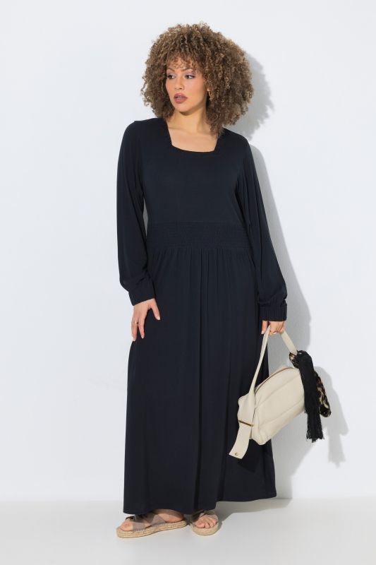 Robe maxi en jersey, décolleté carré et manches longues ballon, coupe évasée