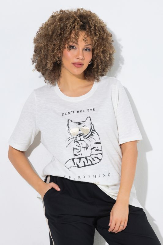 T-shirt oversize, motif chat, décolleté rond et manches courtes