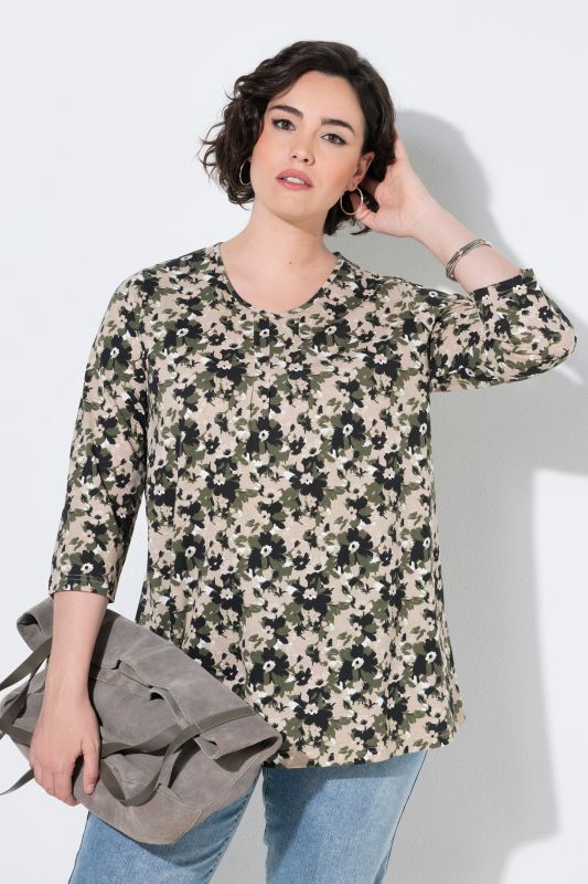 T-shirt à fleurs, plis fantaisie, décolleté en V et manches 3/4, coupe évasée