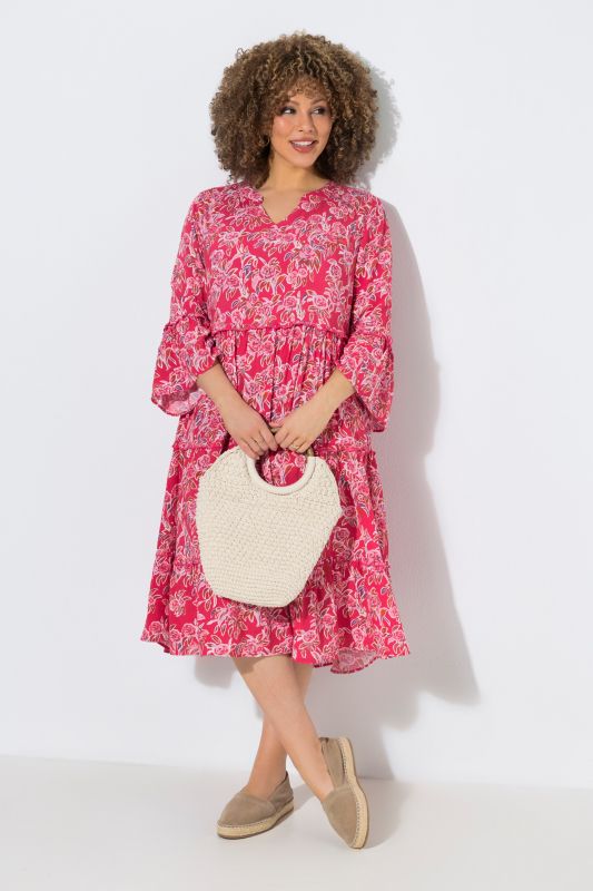 Robe caftan à volant, col tunisien et manches 3/4