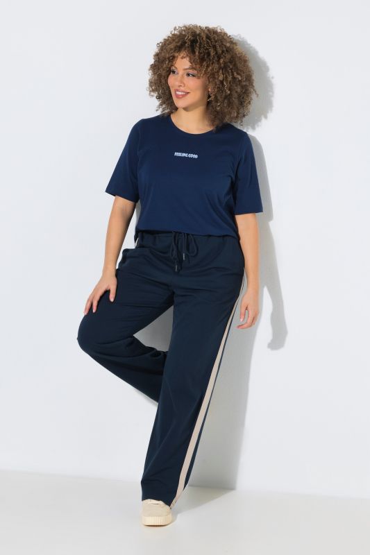 Pantalon Rose en molleton, jambe large, taille élastique et galon contrastant sur la jambe