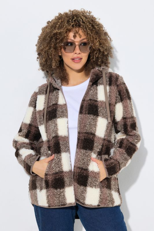 Veste longue en polaire bouclée, motif à carreaux, capuche et manches longues