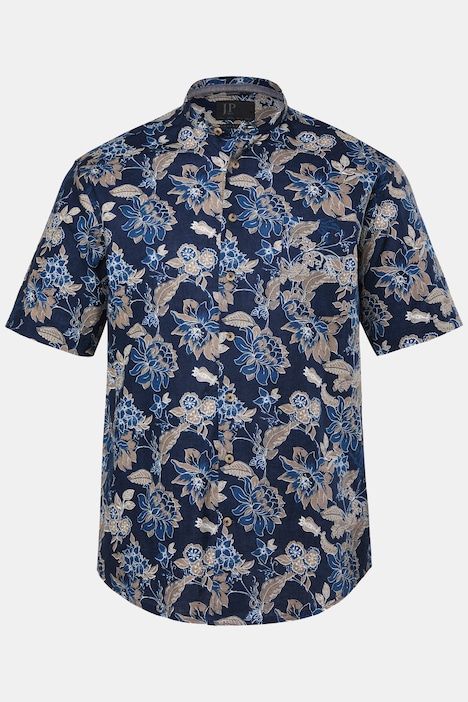 Chemise en lin mélangé, motif à fleurs, col officier et manches courtes, coupe Modern Fit - jusqu'au 8 XL