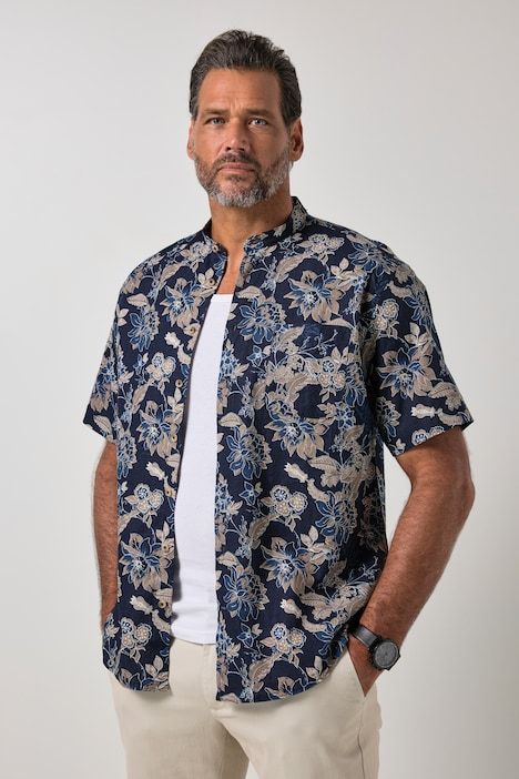 Chemise en lin mélangé, motif à fleurs, col officier et manches courtes, coupe Modern Fit - jusqu'au 8 XL