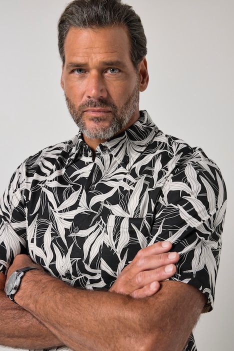 Chemise en jersey ultra-léger, imprimé all-over, manches courtes et col à pointes boutonnées, coupe Modern Fit - jusqu'au 8 XL
