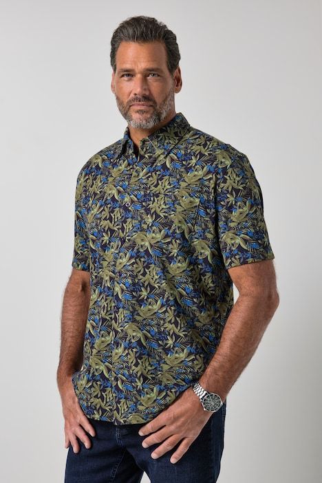 Chemise en piqué FLEXNAMIC®, imprimé all-over, manches courtes et col à pointes boutonnées (boutons dissimulés), coupe Modern Fit - jusqu'au 8 XL